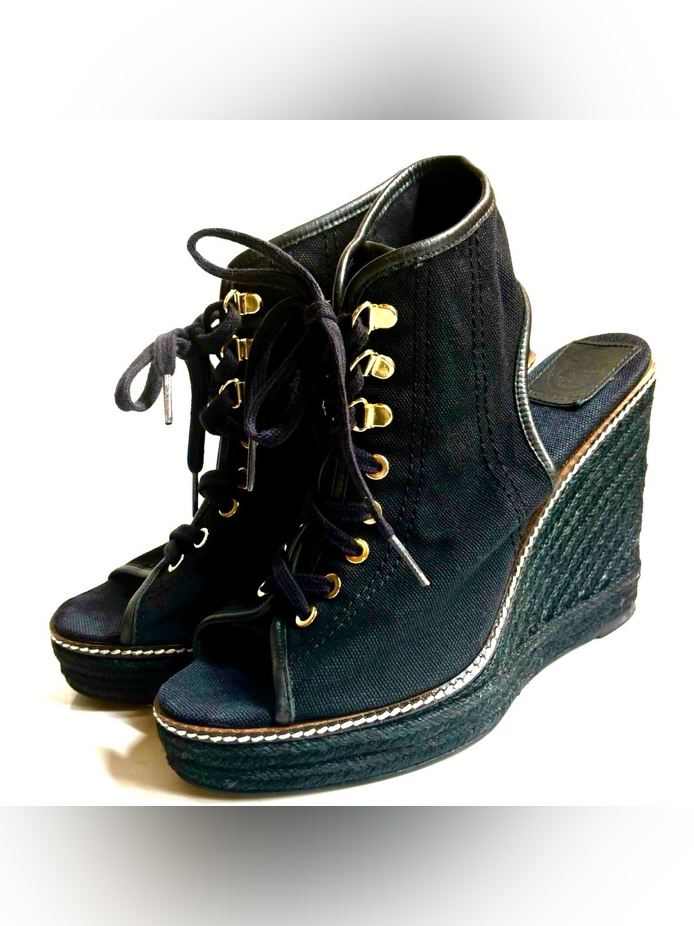 Rare!! Vintage Tory Burch Open Toe Jute Wedge Heel Platform Heeled Boots Sz 10